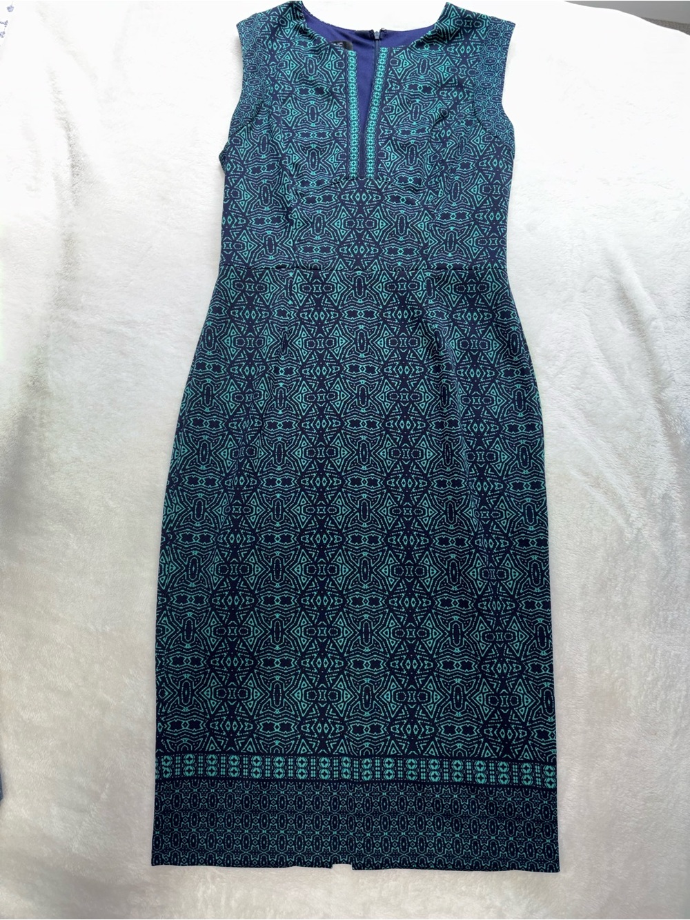 Adore Navy and Teal Geometric Midi Sheath Dress